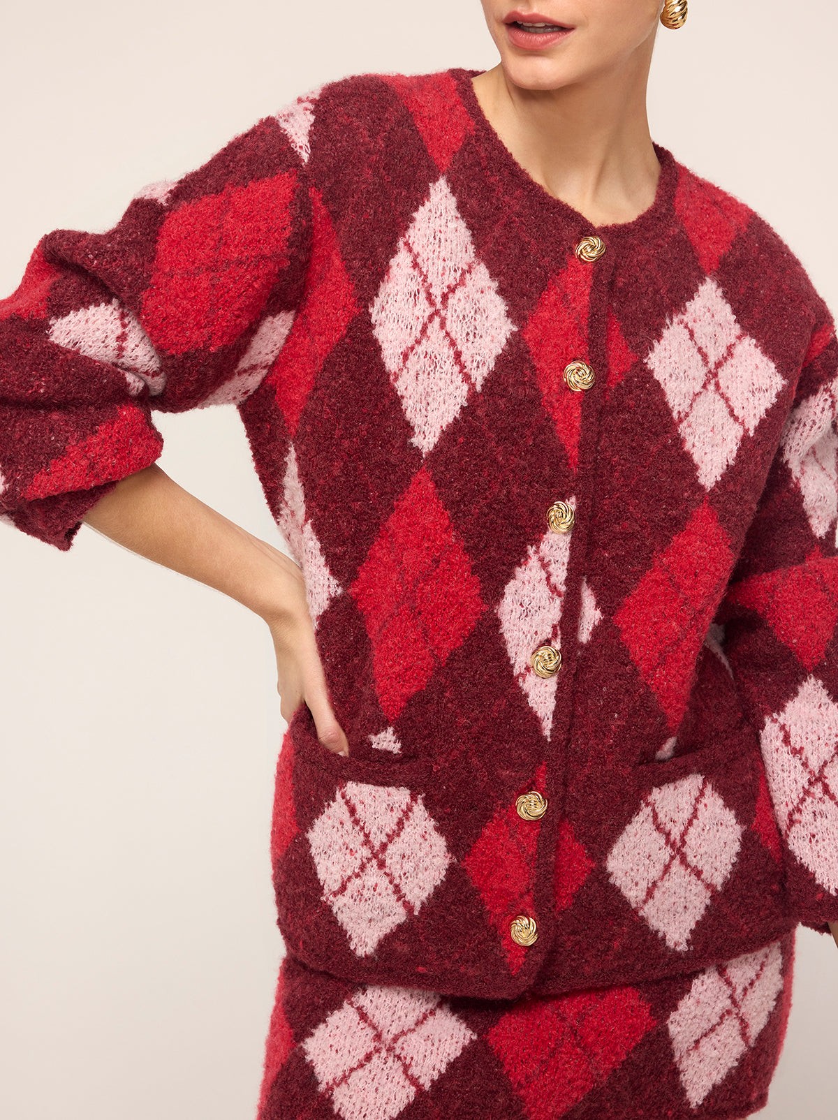 Pandora Burgundy Argyle Knit Cardigan view 3