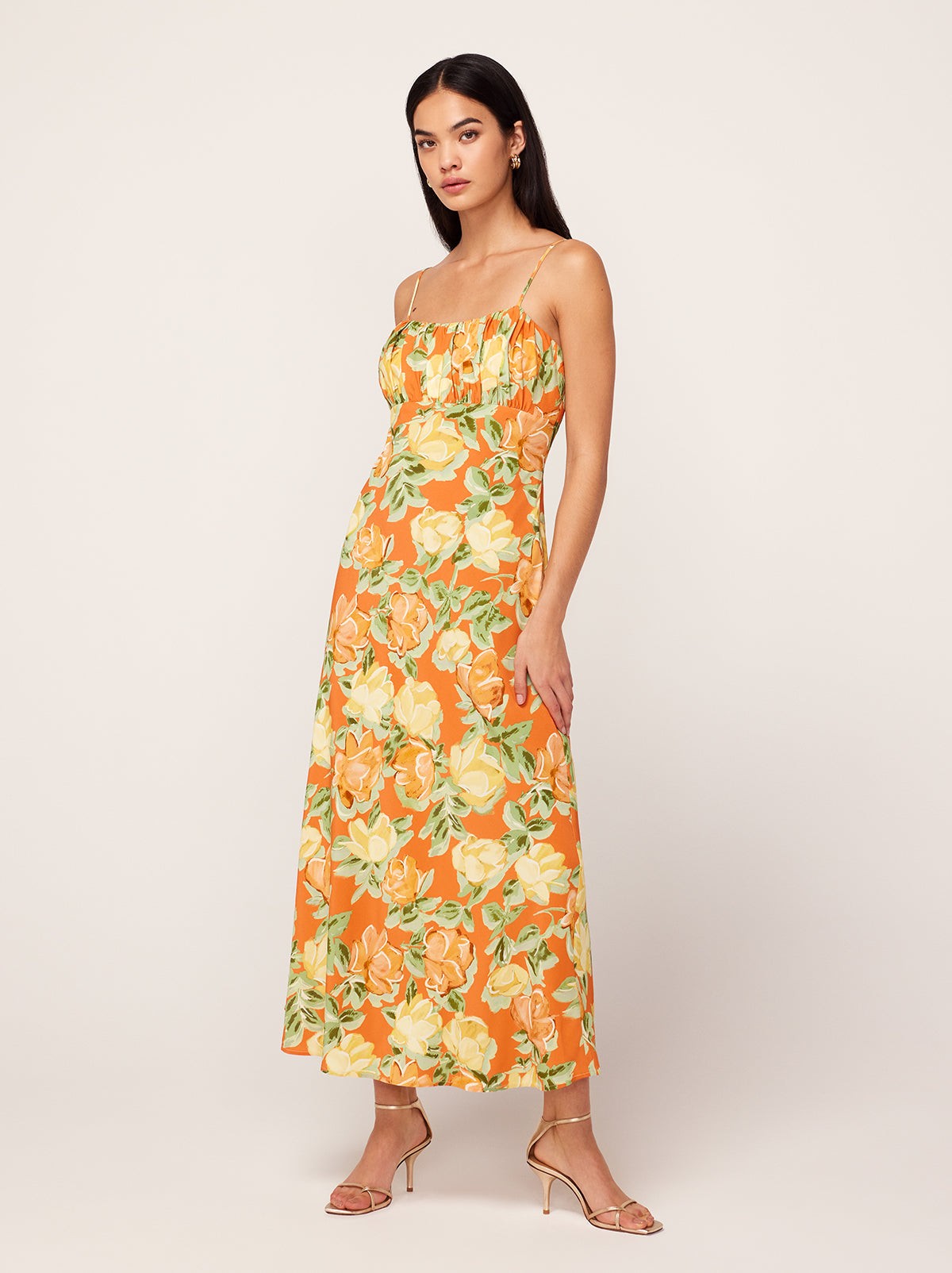 Velma Apricot Painted Floral Print Midi Dress view 3